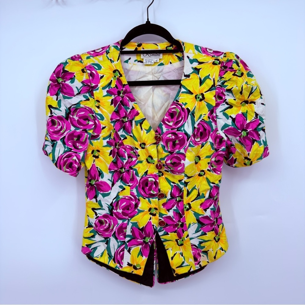 Vintage Rimini Floral Blazer Jacket Bright Pink Yellow Cotton Women Size 8
